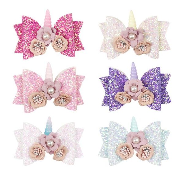 

3quot hair accessories hair bows girls clips glitter baby hairpins with flowers pearl horn handmade headwear hair barrettes a893789615, Slivery;white