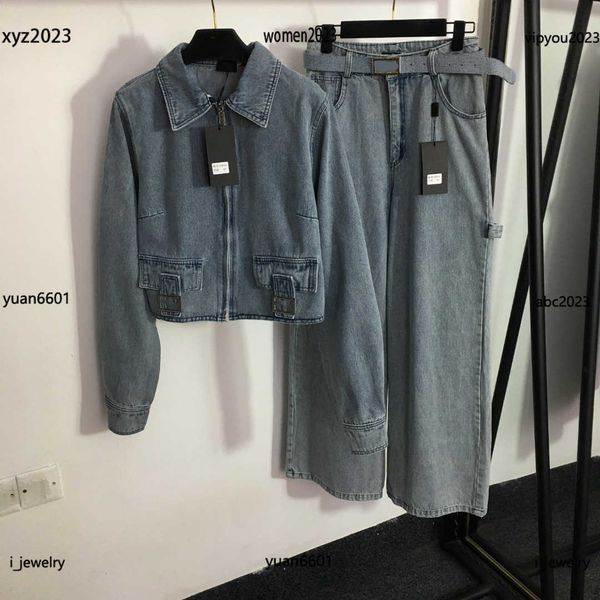 

Designer Women Tracksuits Girl Casual Set Size S-L 2pcs Zippered Lapel Long Sleeve Jean Jacket and Wide Leg Denim Trousers July01, #1