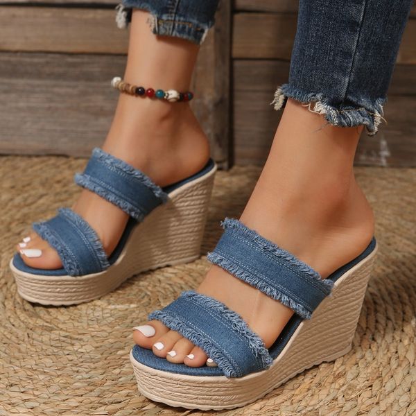 

sandals 2023 women denim summer wedges high heels shoes straw women's espadrilles mules slipper slip on platform leisure 230704, Black