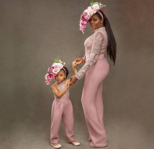 

2022 jumpsuit mother and daughter party dresses lace applique zipper back long pant suits kids formal wear5546504, White;blue