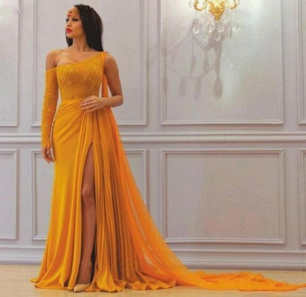 

one shoulder yellow evening dresses sheath long sleeves saudi arabic dubai chiffon long prom gown plus size party dress6997942, Black