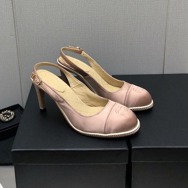 

ccity vintage c double silk sandals women ladies interlocking embroidery slingback pumps round cap toe stiletto channel high heels party wed