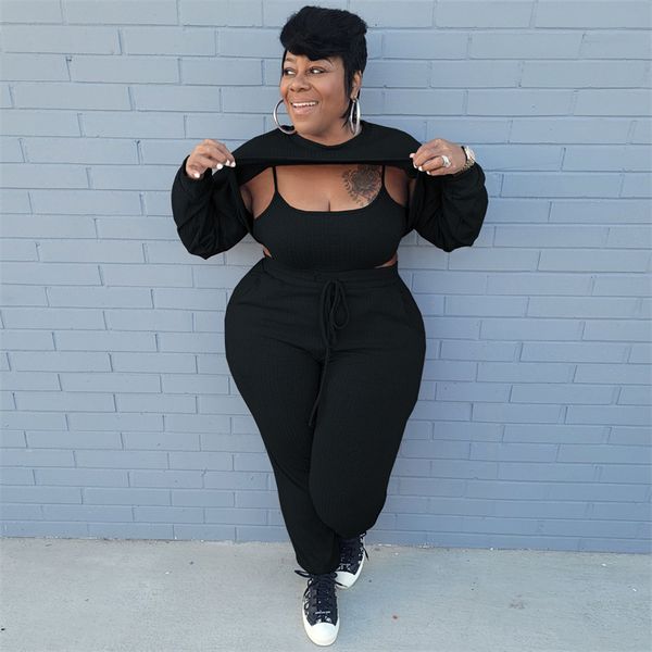 

women's plus size pants 5xl clothing tight tank long sleeve crop and trouser set street 3 piece wholesale direct 230705, Black