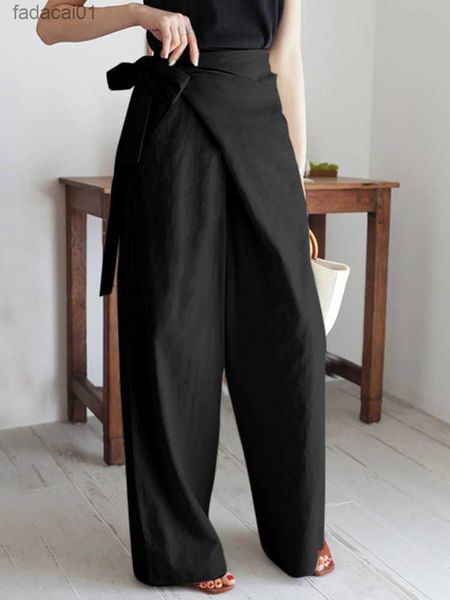 

bandage high waist pants cotton linen autumn 2023 asymmetrical women long trousers leisure casual simple wide leg pant l230621, Black;white