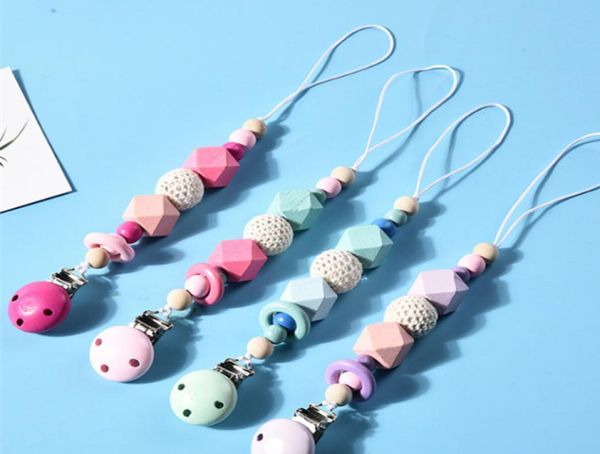

4 colors baby clip chain holder wood beaded pacifier soother holder clip nipple teether dummy strap chain kjj1888188496