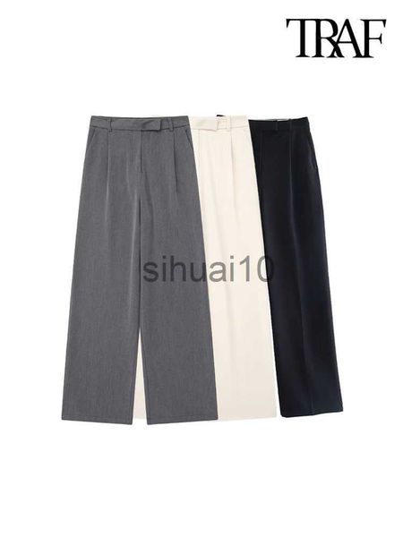 

women's pants capris traf women fashion with darts front pockets wide leg pants vintage high waist zipper fly female trousers mujer j23, Black;white