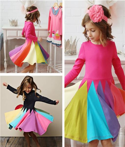 

fashion girls rainbow dress for toddler girls spring autumn long sleeve patchwork dresses princess dress kids christmas party clot8132683, Red;yellow