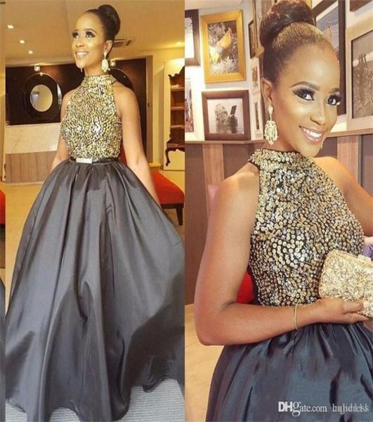 

new gray long prom dresses high neck sequined beaded a line taffeta african black girl evening party formal dress groom mother031941469, Black;red