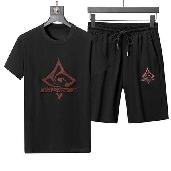 

brand mens tracksuits two piece sets sports outfits letter short sleeve leisure sportswear clothes pure cotton jogger suit casual sportswear, Gray