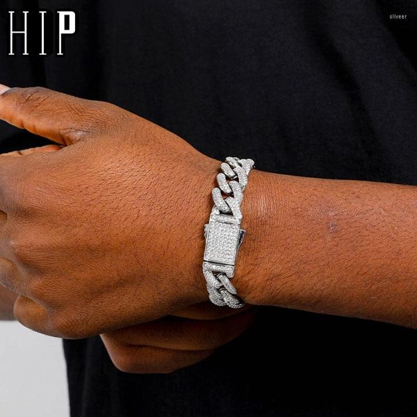 

bracelets hip link hop 14mm iced out cuban chain copper cubic zirconia stones bracelet for women men jewelry, Black