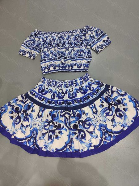 

23ss womens designer clothing skirt set one-line shoulder blue and white porcelain printed short sleeve t-shirt half skirt sets womens cloth