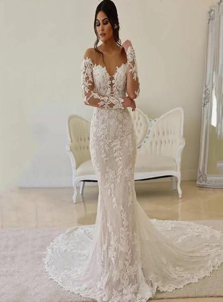 

jewel neck long sleeves lace mermaid wedding dresses with appliques court train backless tulle plus size bridal gowns7621857, White