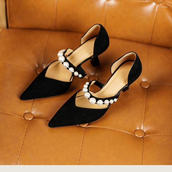 

dress shoes 2023 suede leather single women pumps pearl slip on summer sandals party wedding thin high heels, Black