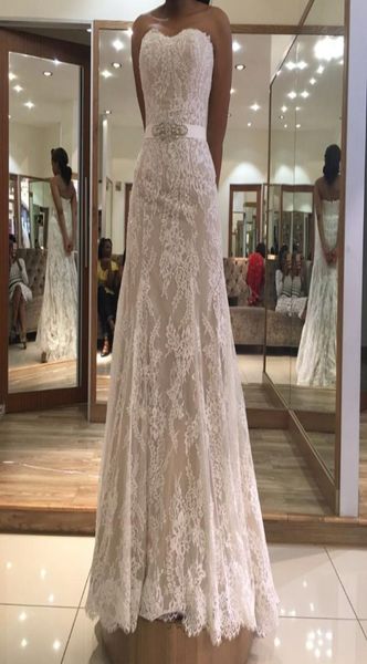 

lace wedding dresses 2019 mermaid strapless bridal dress sheath lace wedding gown custom made beaded sash bridal gown vestido de n6499316, White