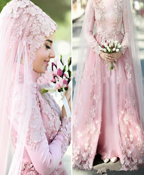 

pearl pink muslim wedding dresses bridal gowns 2021 a line high neck long sleeves 3d floral lace dubai arabic without hijab bride 1422548, White