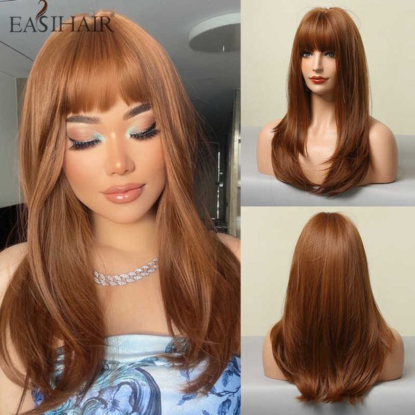 

synthetic wigs easihair long layered straight wavy synthetic wigs for women orange brown daily natural hair heat resistant cosplay wig 23022, Black