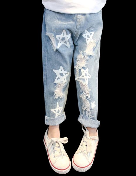 

baby girls jeans star print jeans pants for girls elastic waist kids jeans with hole autumn novelty clothes for infant girls2002161, Blue