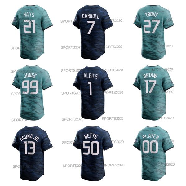 

2023 all star game jersey salvador perez shohei ohtani mookie betts ronald acuna jr. aaron judge ken griffey jr. corbin carroll freddie an m, Blue;black