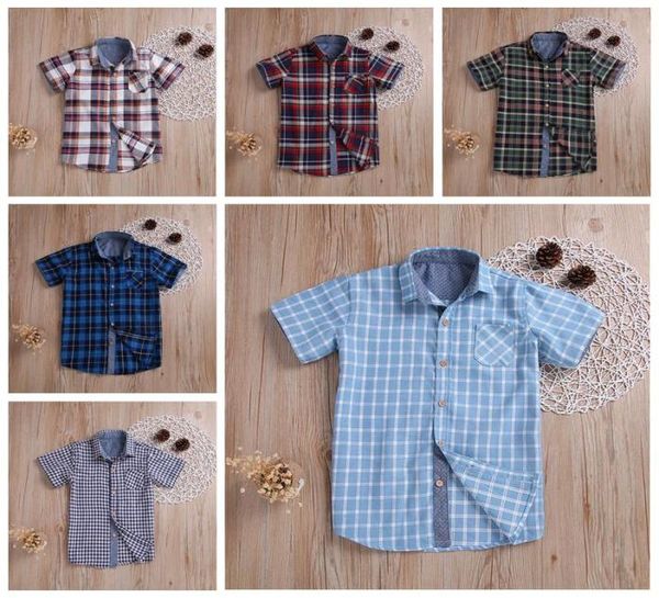 

kids summer solid plaid tshirts baby boy clothes short sleeve loose cotton grid casual shirts toddler boutique gentleman sui9081912, Blue