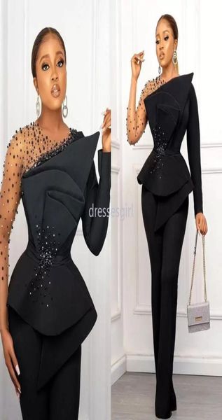 

2022 plus size arabic black stylish prom dresses sheer neck beaded jumpsuits evening formal party second reception gowns cc8505474, Black;red