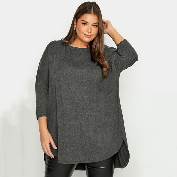 

women's plus size tshirt spring autumn elegant hi low tunic 34 batwing sleeve long loose blouse dark grey pleat back large casual 6xl 2, Black