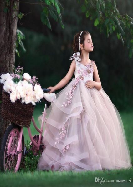 

blush pink lovely flower girls dresses for weddings tiered skirts 3d floral appliqued kids formal wear backless long girls pageant6320061, White;blue