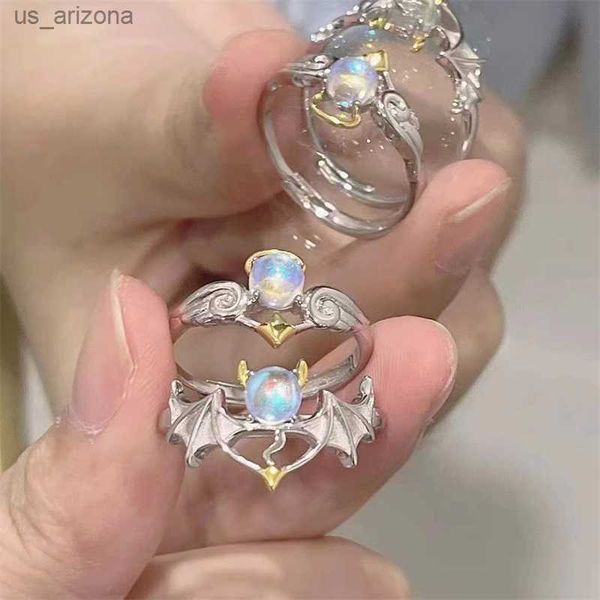 

romantic angel and demon wings couple rings for women goth fashion moonstone adjustable opening finger men's ring party jewelry l230620, Silver