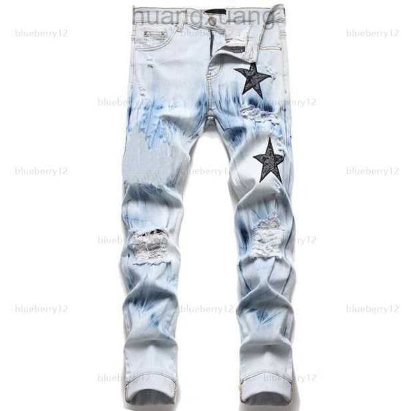 

men's jeans european jean hombre letter star men embroidery patchwork ripped for trend brand motorcycle pant mens skinny, Blue