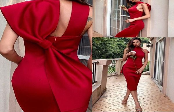 

gorgeous dark red navy blue sheath cocktail dresses high jewel neck satin knee length homecoming dress party wear with big bow cus3756465, Black