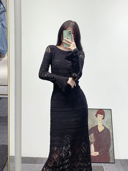 

new -aje long dress black open back hollow out hooked knitted dress, Black;gray