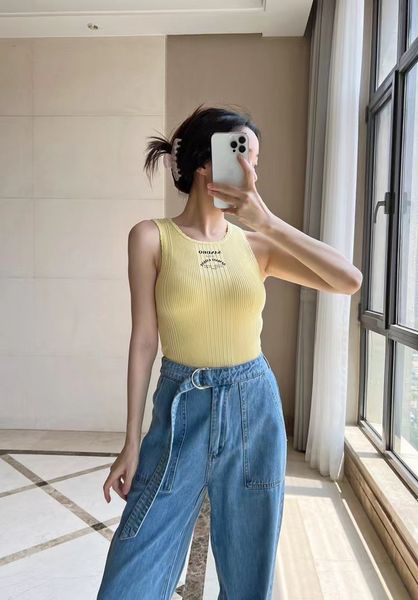 

new sandro elastic crater crescent knitted solid tank top, White