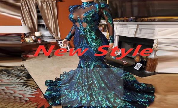 

2022 long sleeve high neck prom dresses emerald green lace mermaid evening dress 2022 formal gowns beaded vestido sirena largo5432336, Black