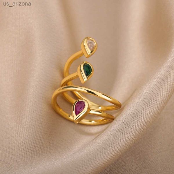 

zircon three layered line wrap twisted rings for women stainless steel gold color opening waterdrop ring wedding party jewelry l230620, Silver