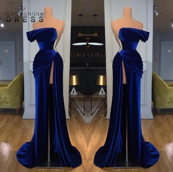 

chic royal blue offtheshoulder strapless evening dresses sheath high thigh split long prom party gowns with beaded waist vestido6805281, Black;red