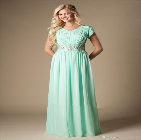 

mint beaded chiffon modest bridesmaid dresses with cap sleeves long aline wedding guests dresses formal evening maids of honor dr3021961, White;pink