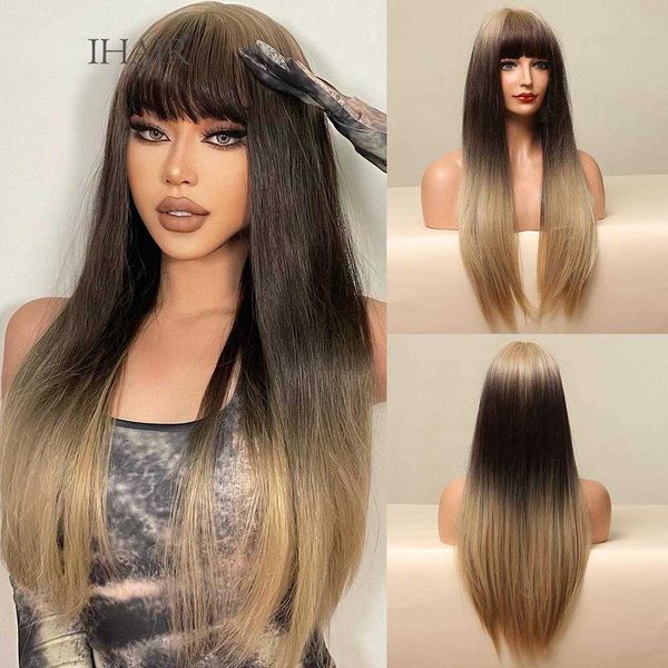 

synthetic wigs easihair long straight synthetic wigs brown blonde ombre for women natural hair with bangs heat resistant cosplay wig 230227, Black
