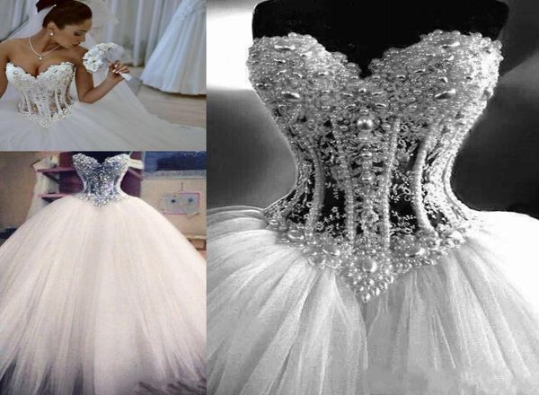 

new bling arabic ball gown wedding dresses illusion sweetheart crystal beaded pearls tulle sleeveless sweep train plus size br3343489, White