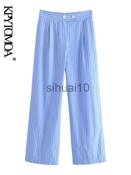

women's pants capris kpytomoa women fashion side pockets striped straight pants vintage high elastic waist zipper fly female trousers, Black;white
