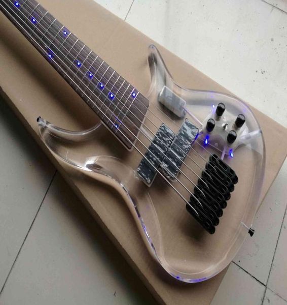 

rare 7 strings bass acrylic led lights body electric bass guitar 24 frets china bass trans acrylic body head led light real p5402016