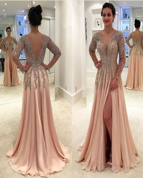 

long sleeve split prom dresses a line deep v neck backless formal evening gowns beaded lace appliques chiffon sweet 16 ball party 5931165, Black