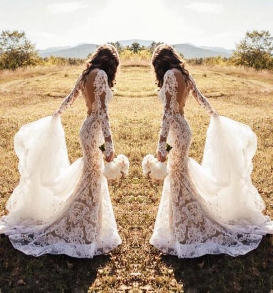 

2020 modern design illusion lace wedding dress sheer back long sleeve floor length mermaid bridal gowns custom size4000237, White