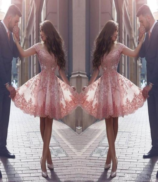 

new peach arabic homecoming dresses cap sleeves short lace appliques beaded 3d floral flowers tulle cocktail dress party prom gown3960015, Black