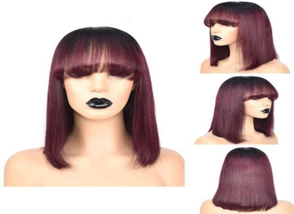 

short bob cut lace front wig straigh 10a ombre burgundy color brazilian virgin human hair full lace wig for black woman 3691594, Black;brown