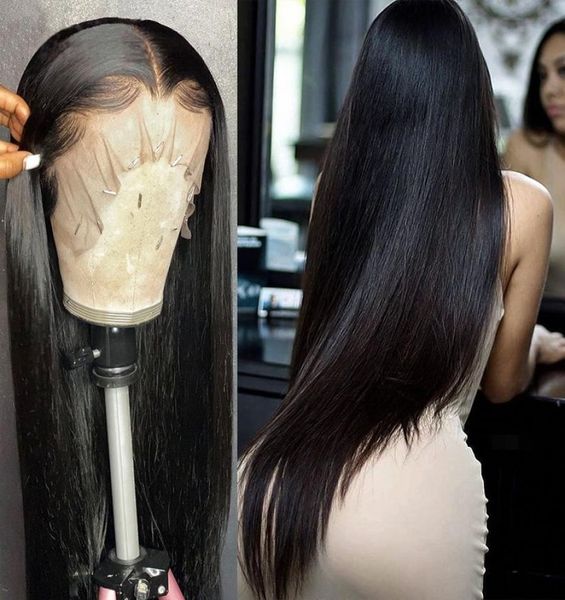 

28 30 40 inch brazilian straight glueless frontal 13x4 lace front human hair wigs pre plucked virgin human hair for women8159780, Black;brown