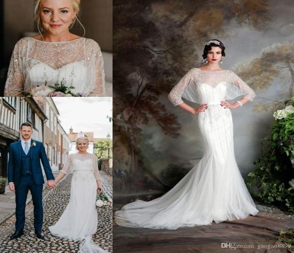 

great gatsby vintage luxury country wedding dresses 2019 modest jenny packham half sleeve beaded mermaid bridal gowns eliza jane h6924779, White