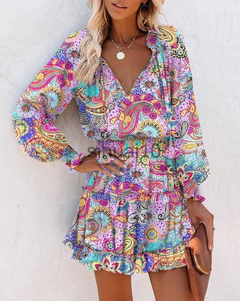 

casual dresses women paisley print ruffle hem shirred waist casual dress office lady outfits short dress casual robe 2023 j230705, Black;gray