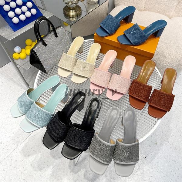 

designer women slippers leather mules lady embossed mules chunky hihg heels summer flat sandals beach elegant flip flops, Black
