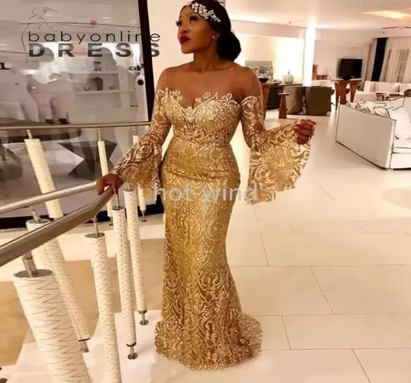 

new arabic gold evening dresses vintage long sleeve lace sparkly beads evening gowns illusion neck mermaid arabic african prom dre7077506, Black;red