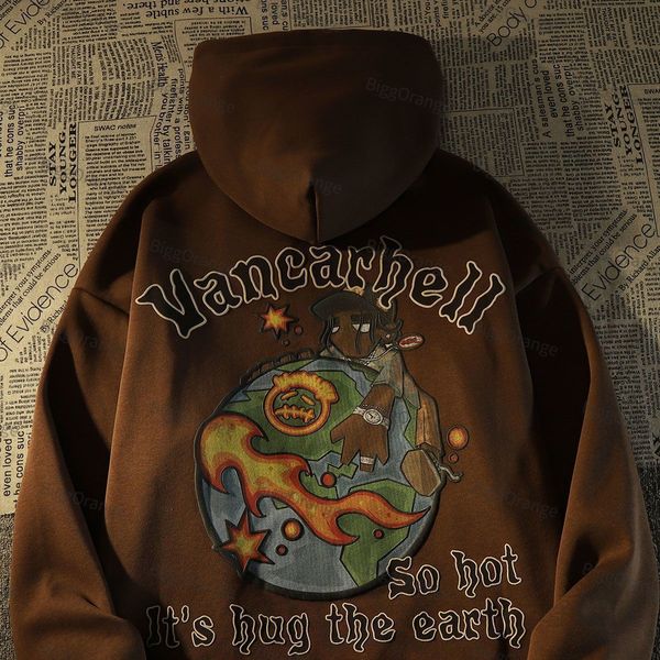 

mens hoodies sweatshirts retro hiphop cartoon american hiphop hooded sweater men autumn and winter thickened vibe style advanced loose sweat, Black