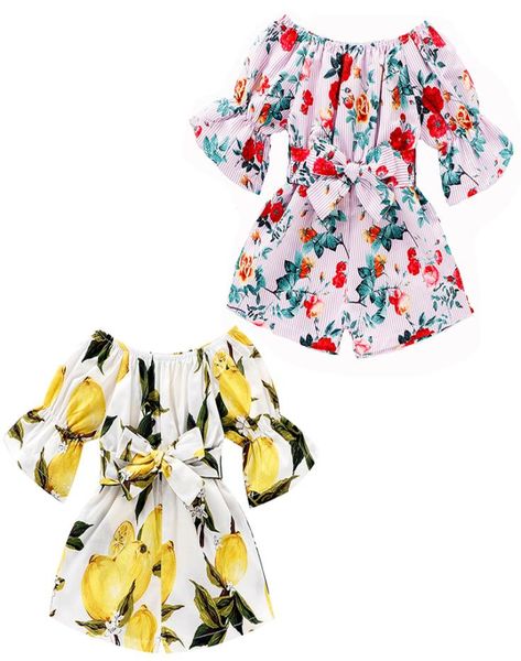 

kids clothes girls lemon flower stripe rompers newborn infant bow floral print jumpsuits summer toddler baby climbing clothes z0798630322, Blue